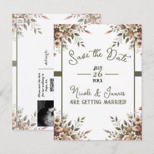 Carte Postale Faire-part Élégant vert olive et blanc floral à conserver pou