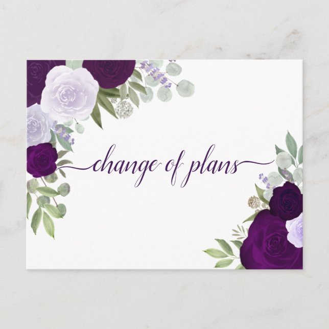 Carte Postale Faire-part Élégant violet Roses Changement de plan Mariage (Devant)