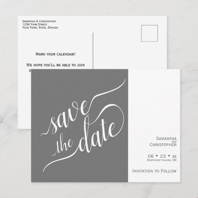 Carte Postale Faire-part Élégante calligraphie Mariage gris Enregistrer la  (Devant / Derrière)