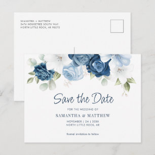 Carte Postale Faire-part Elégante Dusty Blue Floral Enregistrer la date