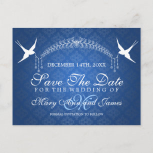 Carte Postale Faire-part Élégante Étape Date Oiseaux Monogramme Bleu