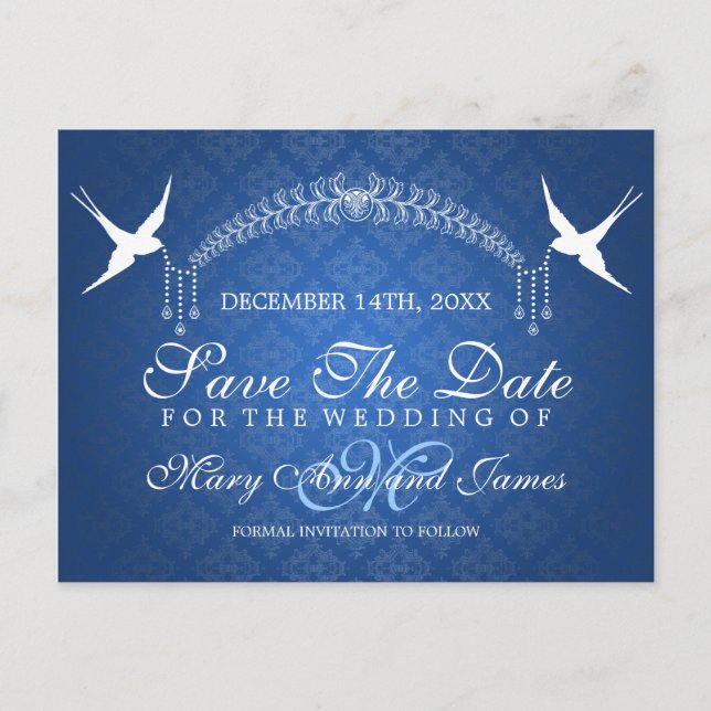 Carte Postale Faire-part Élégante Étape Date Oiseaux Monogramme Bleu (Devant)