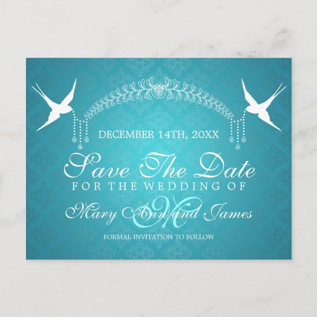 Carte Postale Faire-part Élégante Étape Date Oiseaux Monogramme Turquoise (Devant)