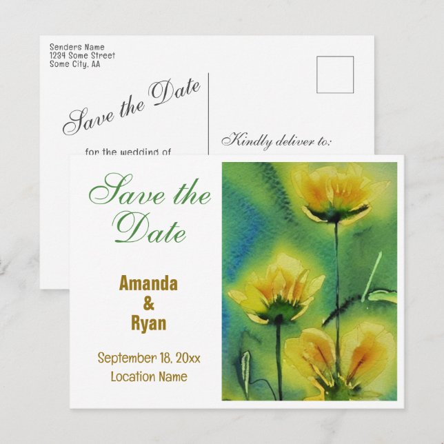 Carte Postale Faire-part Elégante Fleurs Jaunes Mariage Enregistrer la date (Devant / Derrière)