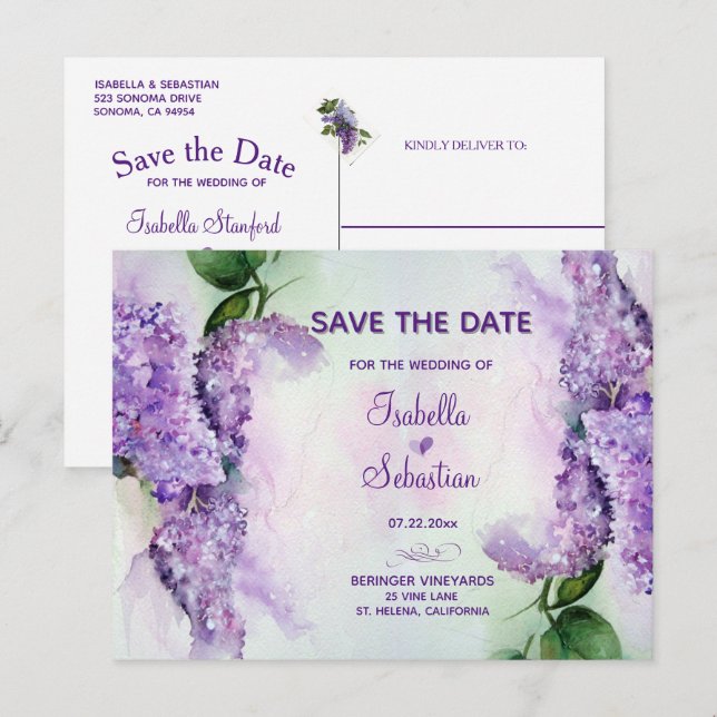 Carte Postale Faire-part Elégante Lilac Fleurs Mariage Enregistrer La Date (Devant / Derrière)