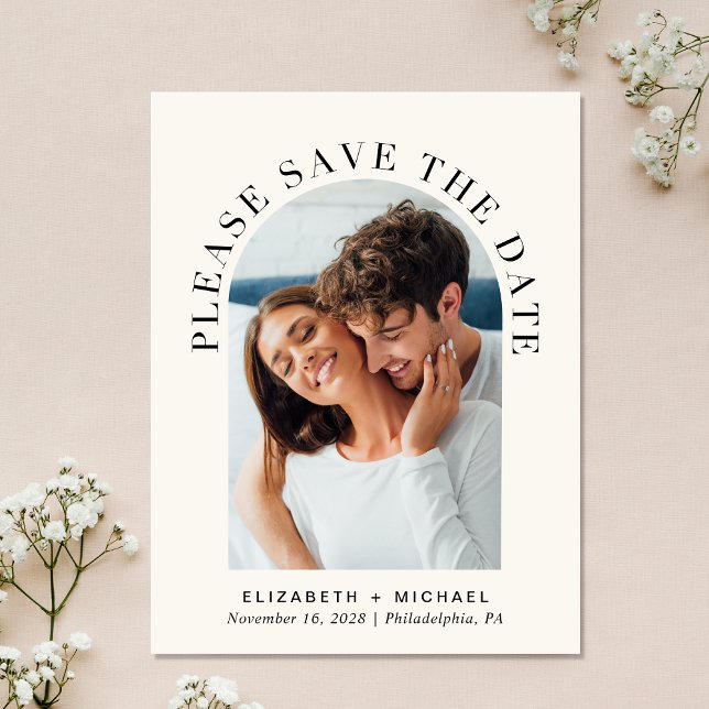 Carte Postale Faire-part Elégante Photo Arch Crème Enregistrer La Date (Celebrate your love story with a save the date showcasing your photo in an elegant arch frame)
