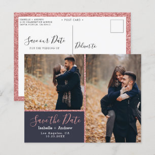 Carte Postale Faire-part Élégante Photo Rose Bleu Nuit Paillettes Enregistr