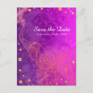 Carte Postale Faire-part Éléphant Violet Rose Orange & Or Save the Date