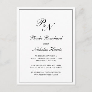 Carte Postale Faire-part Elopement Mariage de Monogramme noir et blanc clas