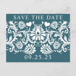 Carte Postale Faire-part Emerald Green Damask Enregistrer la date