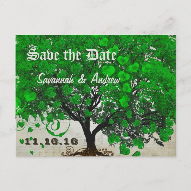 Carte Postale Faire-part Emerald Green Heart Leaf Tree Enregistrer la date (Devant)