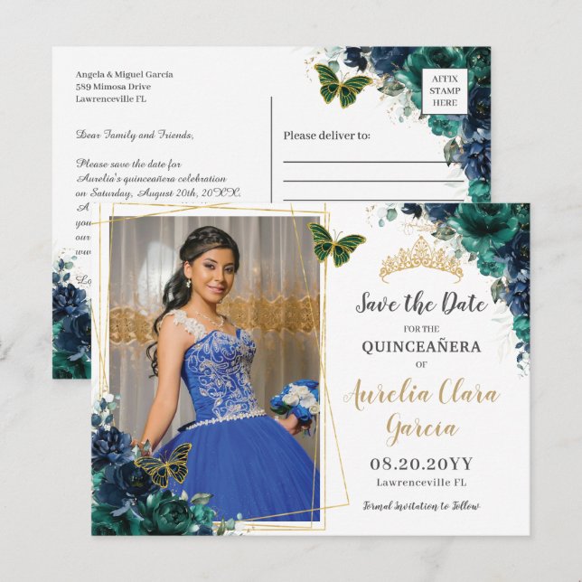 Carte Postale Faire-part Emerald Green Navy Floral Quinceañera Photo (Devant / Derrière)