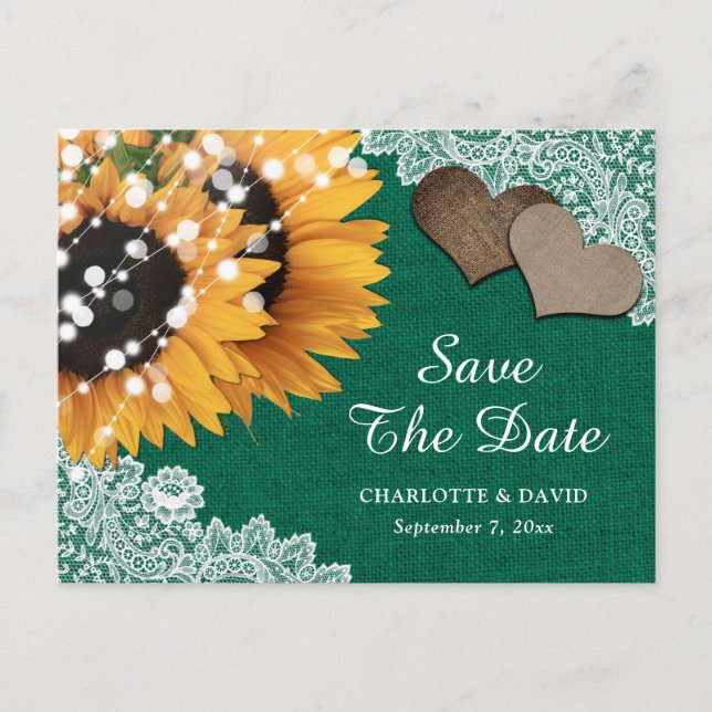 Carte Postale Faire-part Emerald Green Sunflower Wedding Enregistrer La Dat (Devant)
