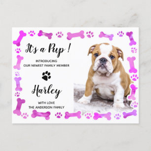 Carte Postale Faire-part Empreintes de pattes roses Os Nouveau chien chiot 