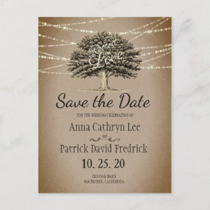 Carte Postale Faire-part Enraciné dans Love Rustic Tree String Lights Date 