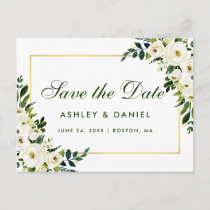 Carte Postale Faire-part Enregistrer la date Aquarelle Floral Vert Blanc