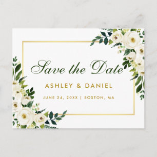 Carte Postale Faire-part Enregistrer la date Aquarelle Floral Vert Or Blanc