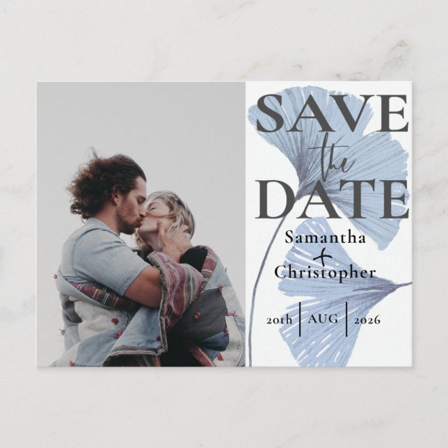 Carte Postale Faire-part Enregistrer la date Botanical Dusty Blue Photo Mar (Devant)