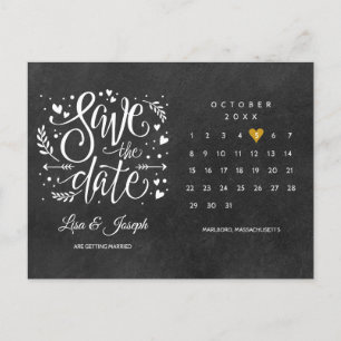 Carte Postale Faire-part Enregistrer la date Calendrier Chalkboard Gold Hea
