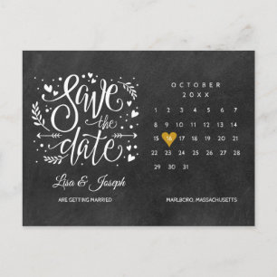 Carte Postale Faire-part Enregistrer la date Calendrier Gold Heart Chalkboa