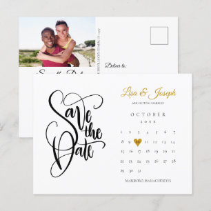 Carte Postale Faire-part Enregistrer la date Calendrier Gold Heart Photo
