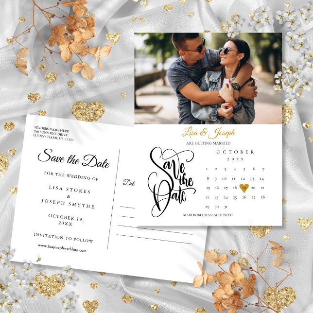 Carte Postale Faire-part Enregistrer la date Calendrier Gold Heart Photo (Save the Date Calendar Gold Heart Photo Announcement Postcard)