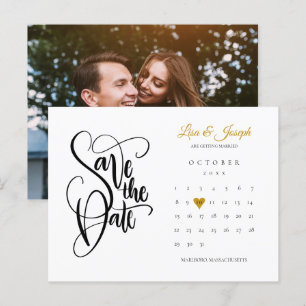 Carte Postale Faire-part Enregistrer la date Calendrier Gold Love Heart Pho