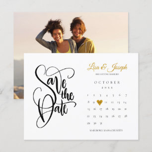 Carte Postale Faire-part Enregistrer La Date Calendrier Gold Love Heart Pho