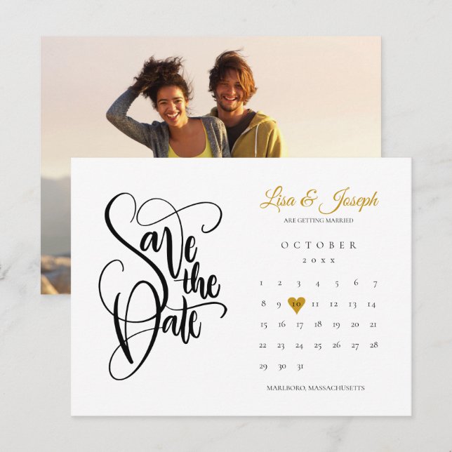 Carte Postale Faire-part Enregistrer La Date Calendrier Gold Love Heart Pho (Devant / Derrière)