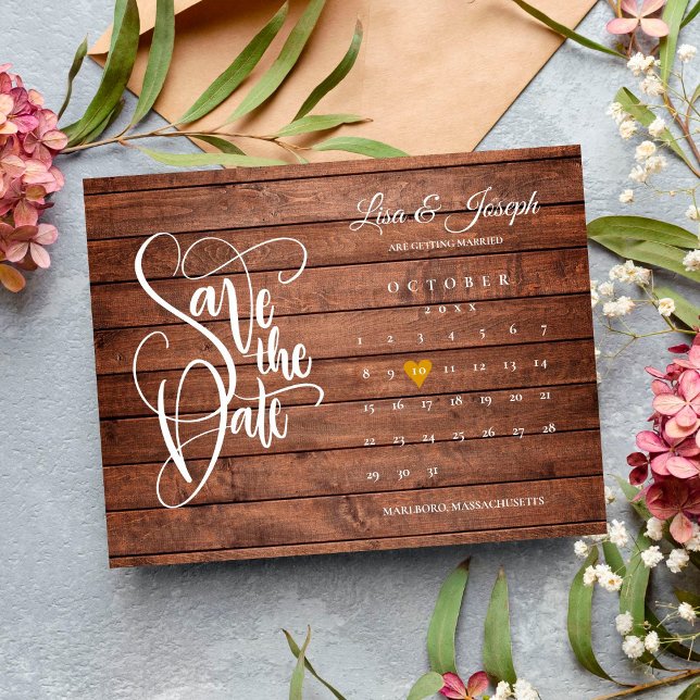Carte Postale Faire-part Enregistrer la date Calendrier Rustic Wood Gold He (Créateur téléchargé)