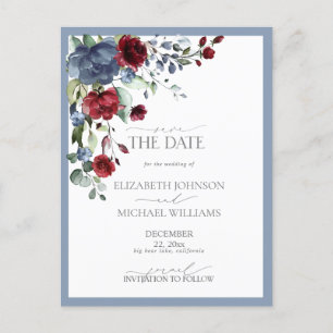 Carte Postale Faire-part Enregistrer La Date Dusty Blue Burgundy Mariage