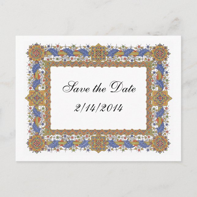 Carte Postale Faire-part Enregistrer la date Elegant Baroque Blue Gold pers (Devant)