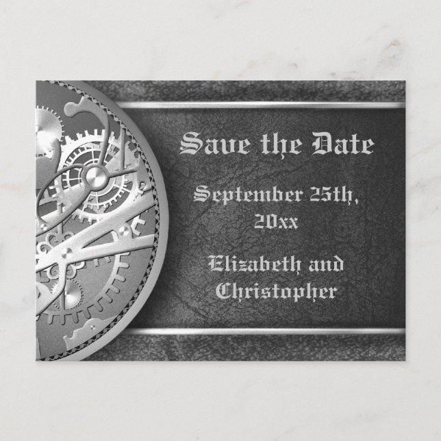 Carte Postale Faire-part Enregistrer la date engrenages steampunk noir et b (Devant)
