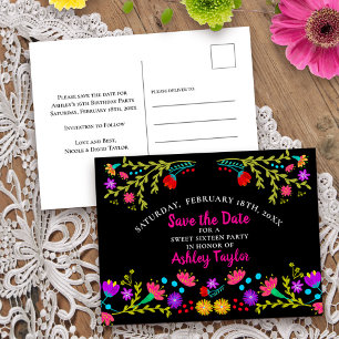 Carte Postale Faire-part Enregistrer la date Floral Mexicaine Fiesta Black 