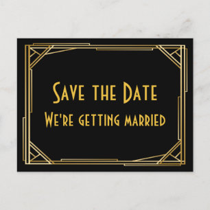 Carte Postale Faire-part Enregistrer La Date Gatsby Gold Black Art Déco Mar