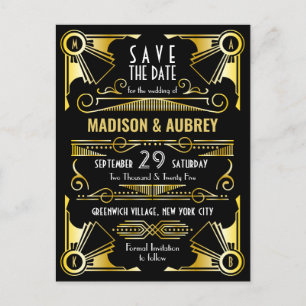 Carte Postale Faire-part Enregistrer la date Gatsby Mariage Art Déco Gold B