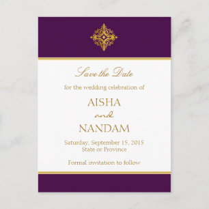 Carte Postale Faire-part Enregistrer la date Gold and Purple Postcard