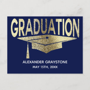 Carte Postale Faire-part Enregistrer La Date Graduation Blue & Faux Gold Mo