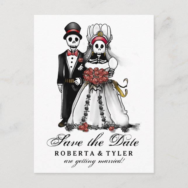 Carte Postale Faire-part Enregistrer la date Halloween Skeletons Red PostCa (Devant)