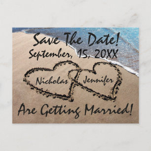Carte Postale Faire-part Enregistrer La Date Hearts Sand Beach Wedding Cart