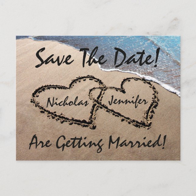 Carte Postale Faire-part Enregistrer La Date Hearts Sand Beach Wedding Cart (Devant)