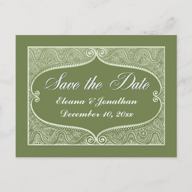 Carte Postale Faire-part Enregistrer la date Jade en argent, sauge (Devant)