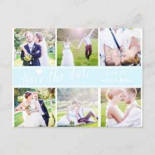 Carte Postale Faire-part ENREGISTRER LA DATE Mariage bleu clair 6 PHOTO Car