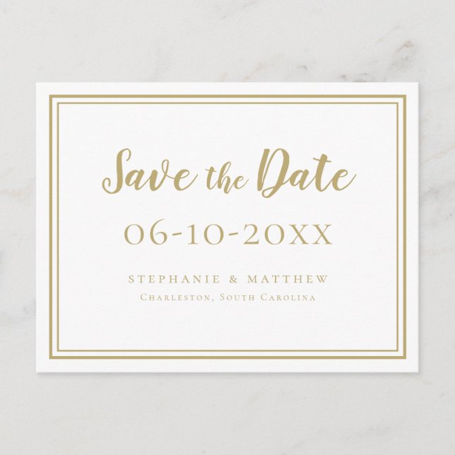 Carte Postale Faire-part Enregistrer La Date Mariage Or & Blanc Simple Mode (Devant)