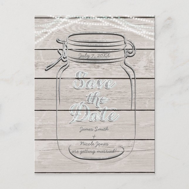 Carte Postale Faire-part Enregistrer La Date Mason Jar & String Lights Mari (Devant)