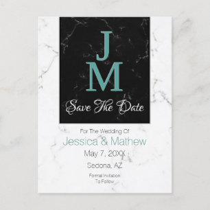 Carte Postale Faire-part Enregistrer La Date, Monogramme Marbre Blanc & Noi
