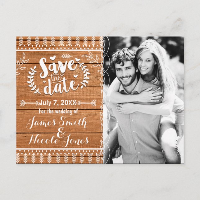 Carte Postale Faire-part Enregistrer la date Oak Wood Rustic Photo Invitati (Devant)