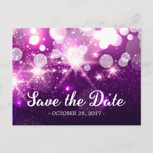 Carte Postale Faire-part Enregistrer la date - Parties scintillant violet t (Devant)