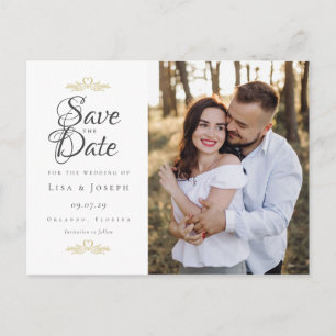 Carte Postale Faire-part Enregistrer la date Photo Mariage Gold Hearts Scri