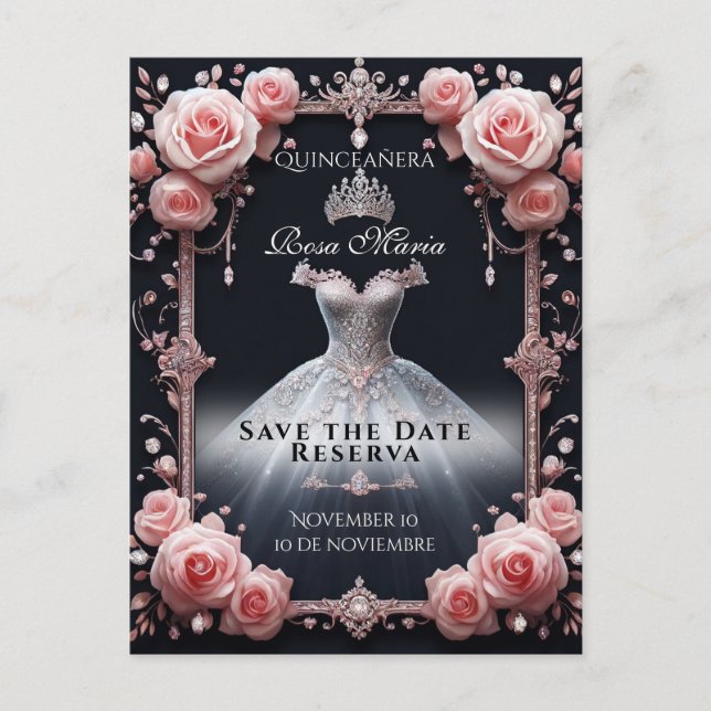 Carte Postale Faire-part Enregistrer la date/ Réserver Espagnol Quinceañera (Devant)
